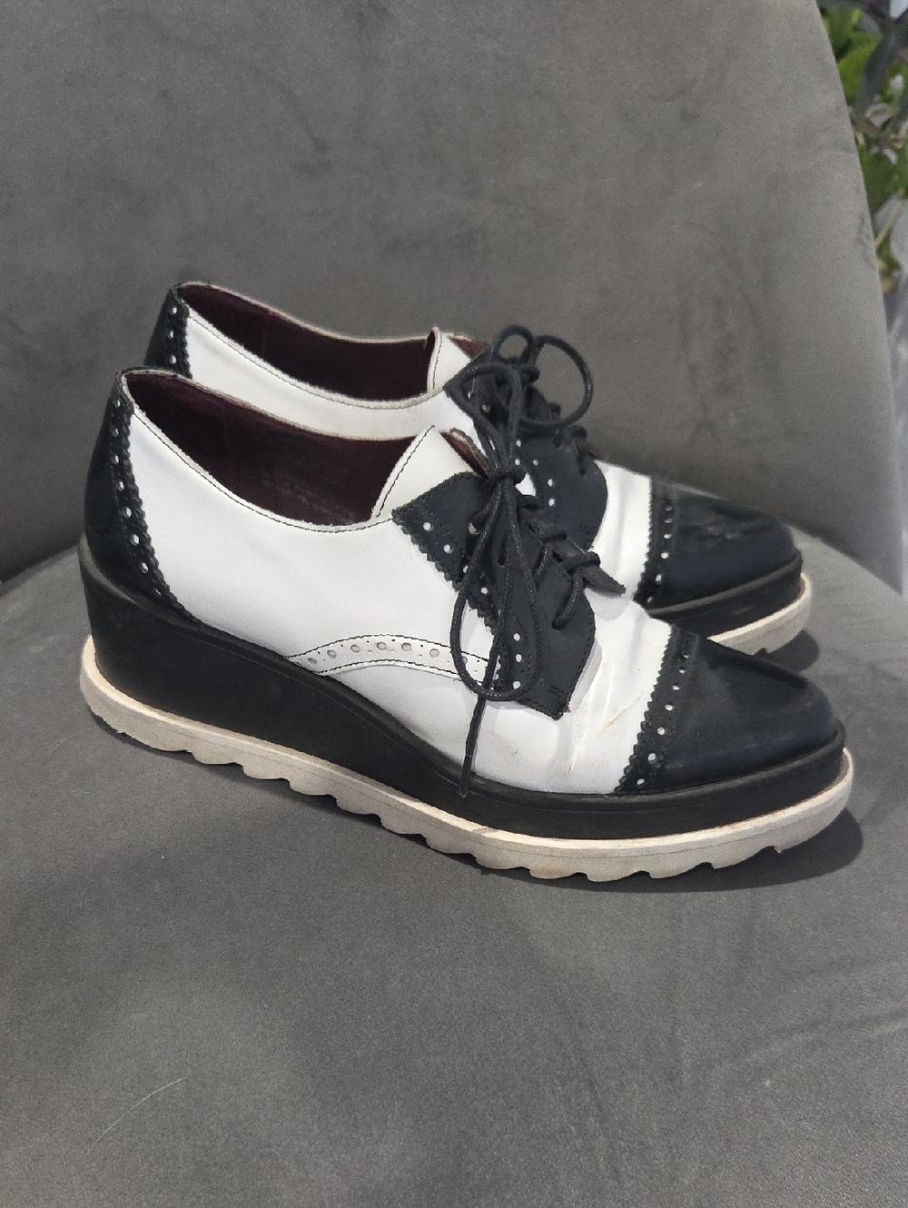 Sixtyseven Black and White Platform Wingtip Oxfords